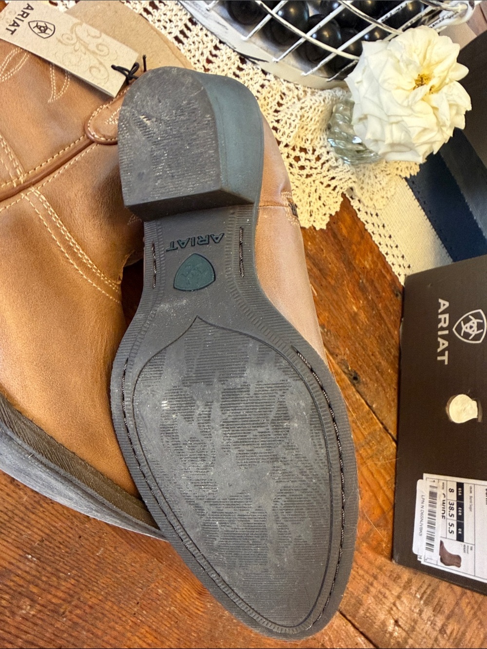 Ariat Brown Leather Western Ankle Booties with Stacked Heel - Picture 6 of 10
